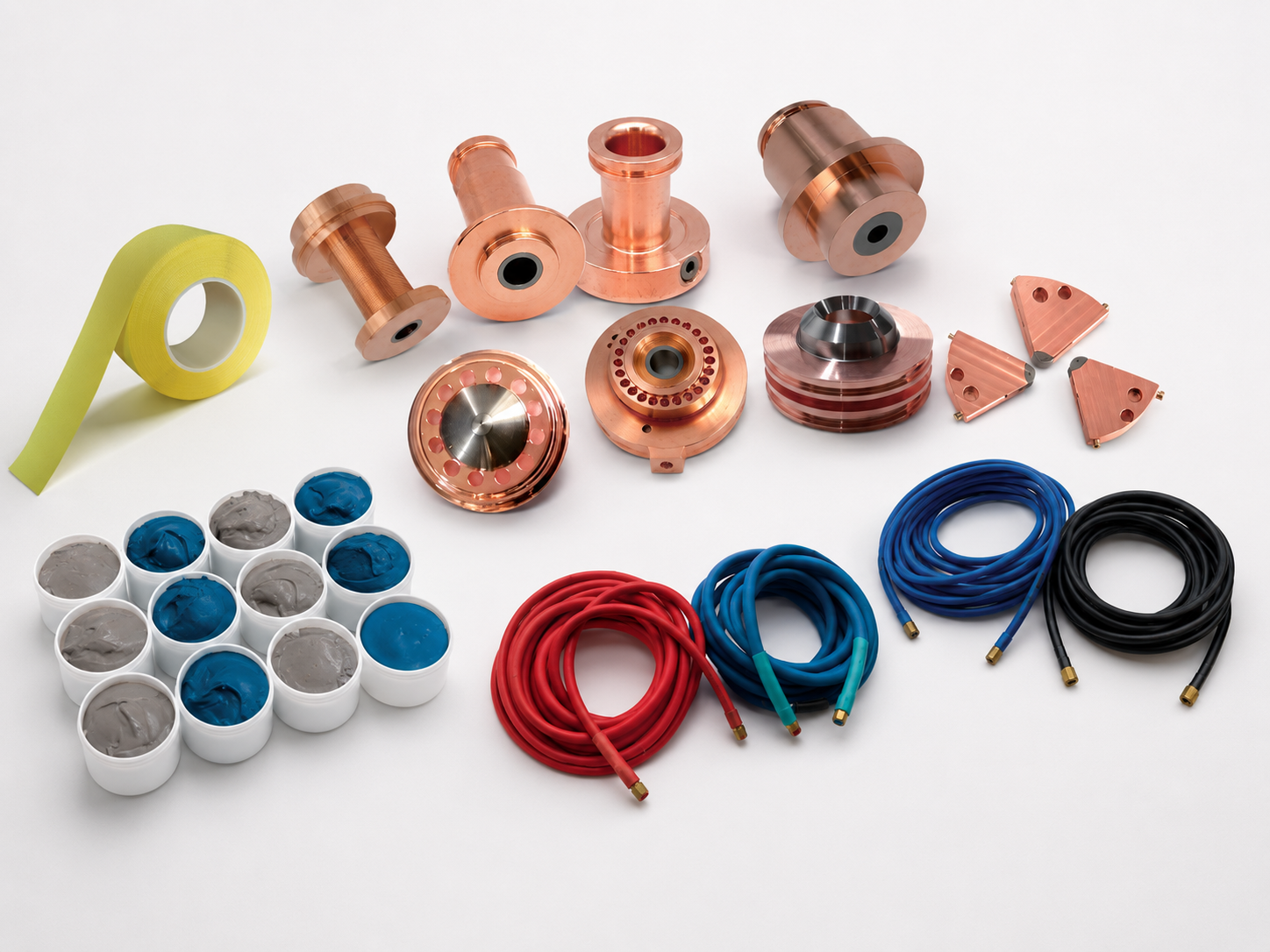 Thermal spray consumables including high temperature tape, gun electrodes, and cables