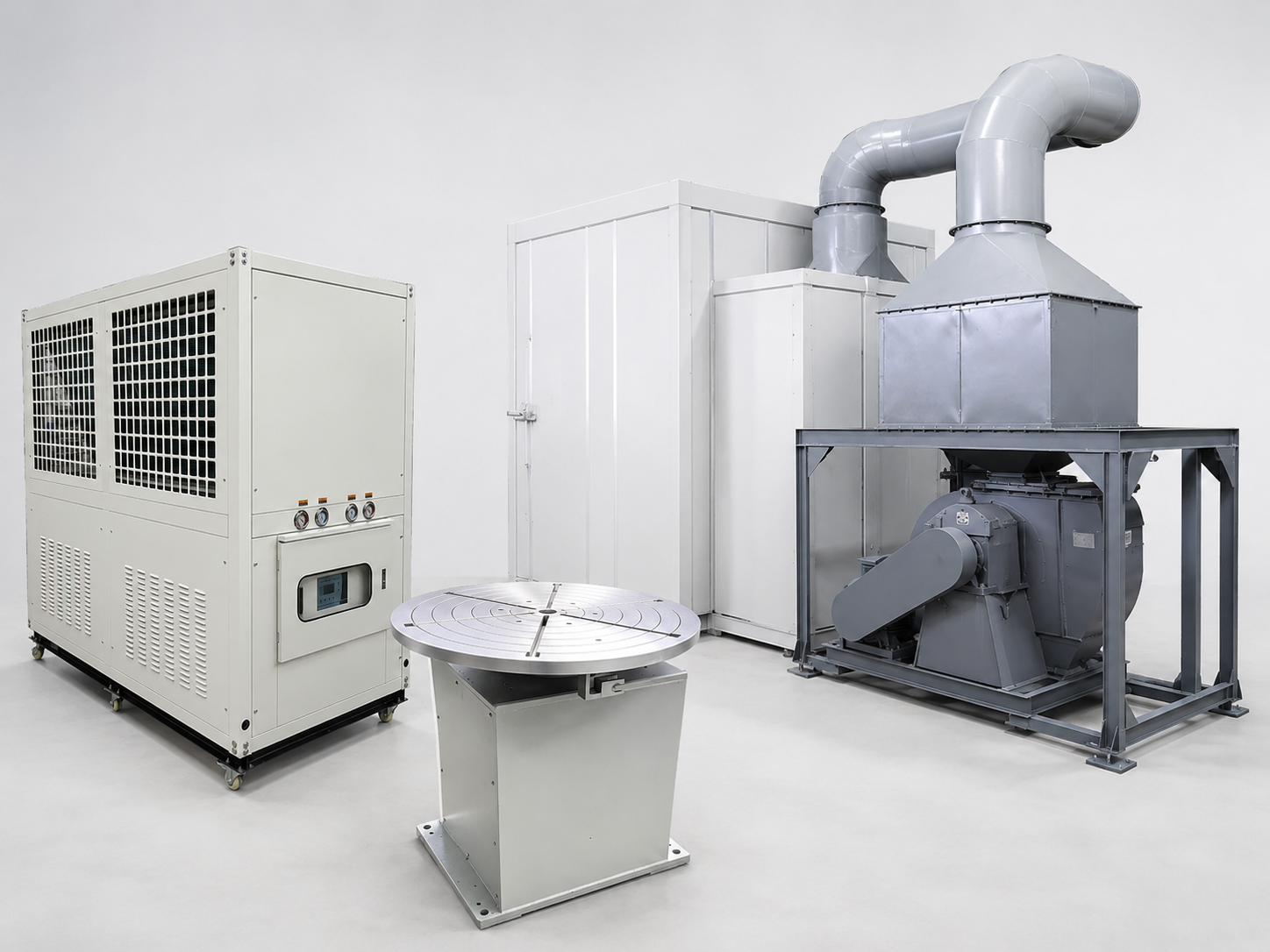 Auxiliary equipment including chiller, turntable, and dust collector for thermal spray systems