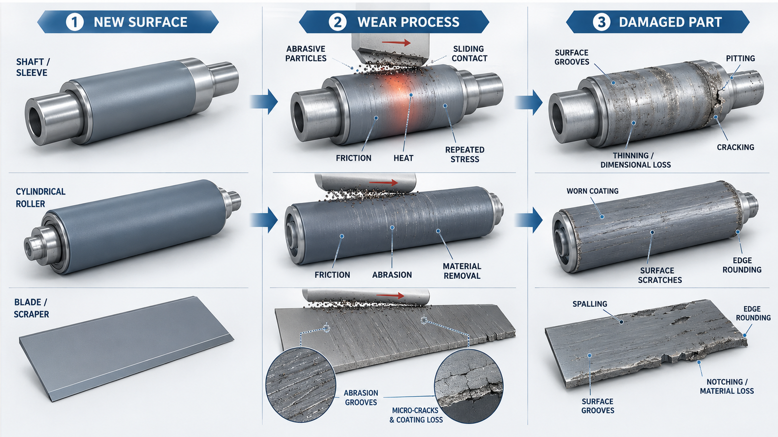 Industrial parts wear damage process diagram showing why wear resistant coating matters